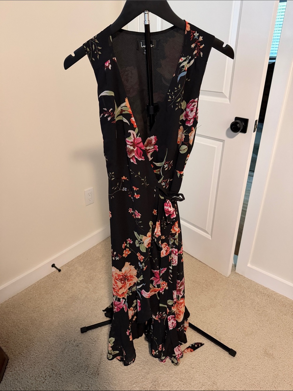 Lulu's Black Floral Wrap Maxi Dress with Pink & Peach Flowers